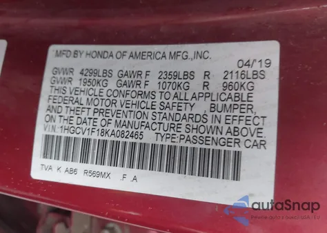 2019 Honda Accord Lx z USA, uszkodzony, nr VIN 1HGCV1F18KA082465